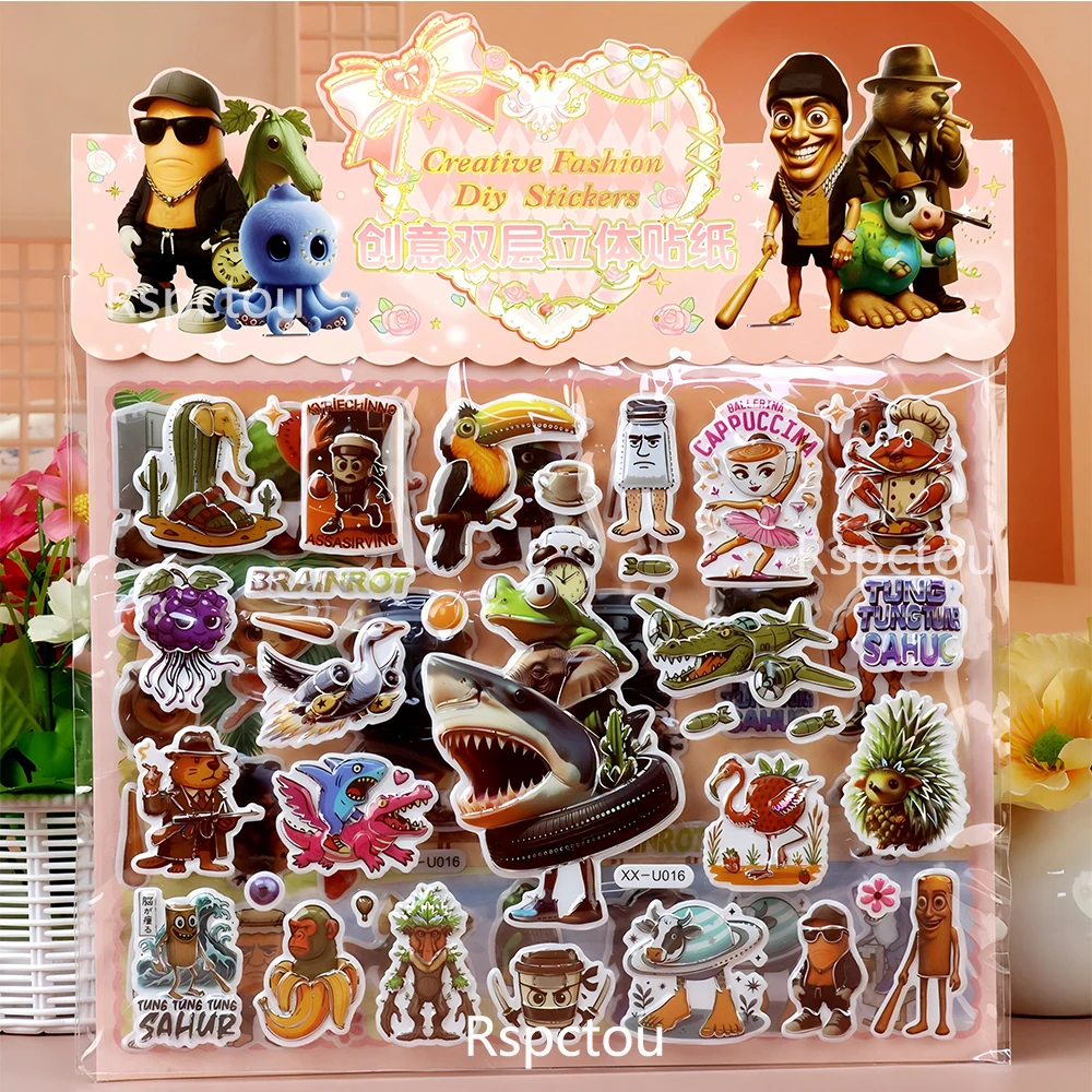 مزدوجة الطبقات الإيطالية Brainrot ثلاثية الأبعاد ملصقات الإغاثة مضحك تونغ تونغ الصحور فقاعة الشارات لطيف ملصق يدوي الصنع اللعب الهدايا