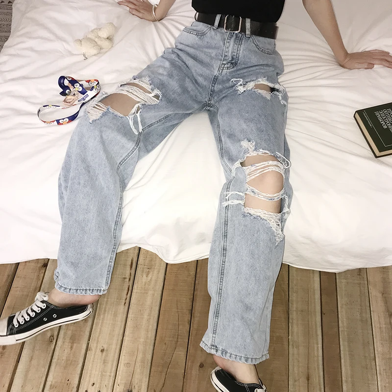 

2023 Women's High Waist Ripped Jeans New Women Hip Hop Loose Jeans Pants Vintage Torn Trousers Female Streetwear Plus Size 5XL