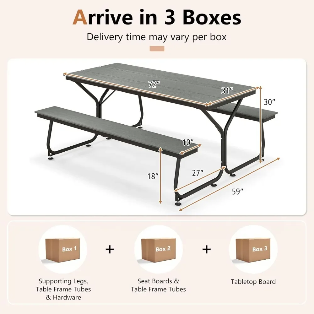 Outdoor Picnic Table Bench Set, 2450 LBS Capacity Dining Table with 2 Benches for 6-8 People, Heavy Duty Metal Frame Picnic