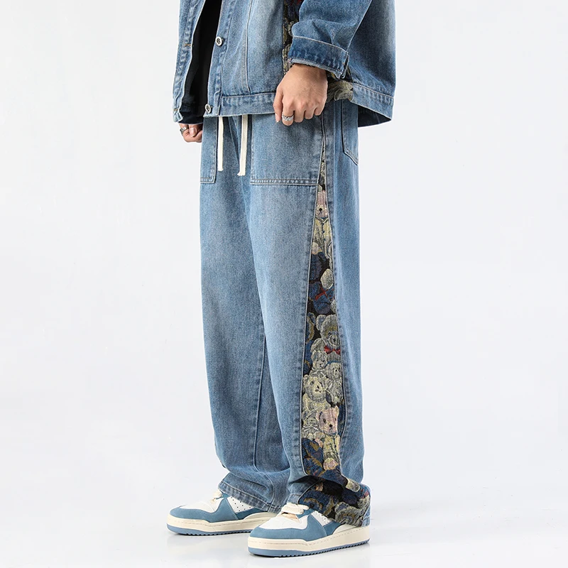 Men\'s Jeans Baggy Bear Printed Wide Leg Pants Men\'s Hip Hop Street Loose Denim Pants Elastic Waist Lace Up Casual Pants