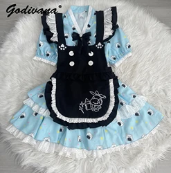 Original New Summer Cute Printed Lace Bathrobe Soft Cake Skirt Embroidered Maid Apron Fashion Girl Women's Skirt Set