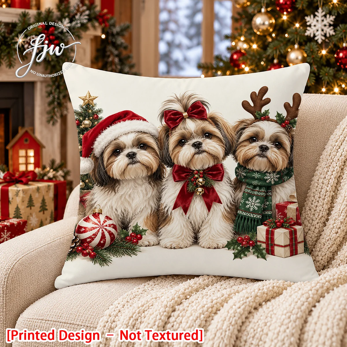 1pc Christmas Style Shih Tzu Pillowcase Home Cushion Cover, Using Flat 2D Printing Process, a Light-toned Decorative Pillowcase
