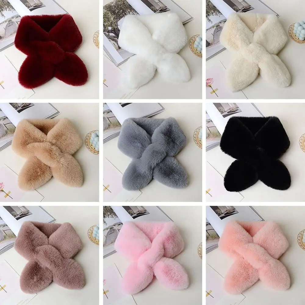 

Cute Solid Color Cross Scarf Faux Rabbit Fur Plush Thicken Neckerchief Wrap Neck Warmer Girls