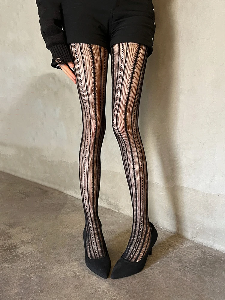 Women Vertical Stripe Fishnet Tights Black Coffee White Sheer High Waist Footed Pantyhose Stockings for Vintage Party Outfits