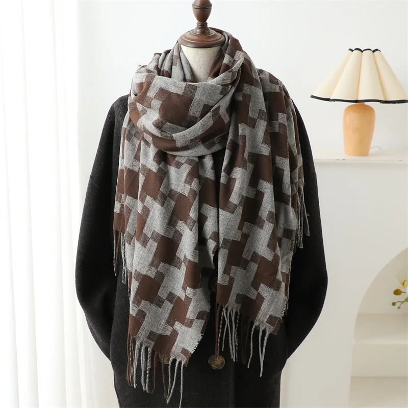 Korean Styles Autumn and Winter Imitation Cashmere Plaid Scarf Fashionable and Simple Warm Scarf Women\'s Tassel Shawl Pashmina