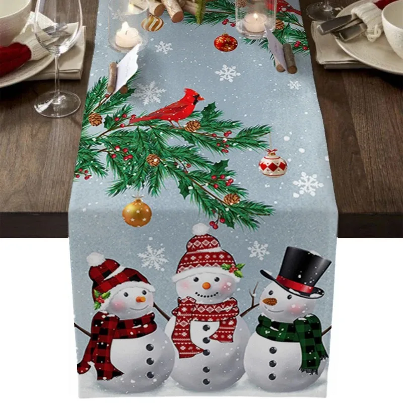 Christmas Snowman Snowflake Pine Branches Table Runner for Dining Table Wedding Party Accessories Decoration