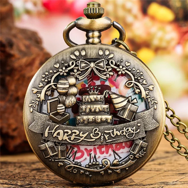 

Antique Style Clock Hollow Out Happy Birthday Design Men Women Quartz Pocket Watch Roman Number Necklace Pendant Chain Gift