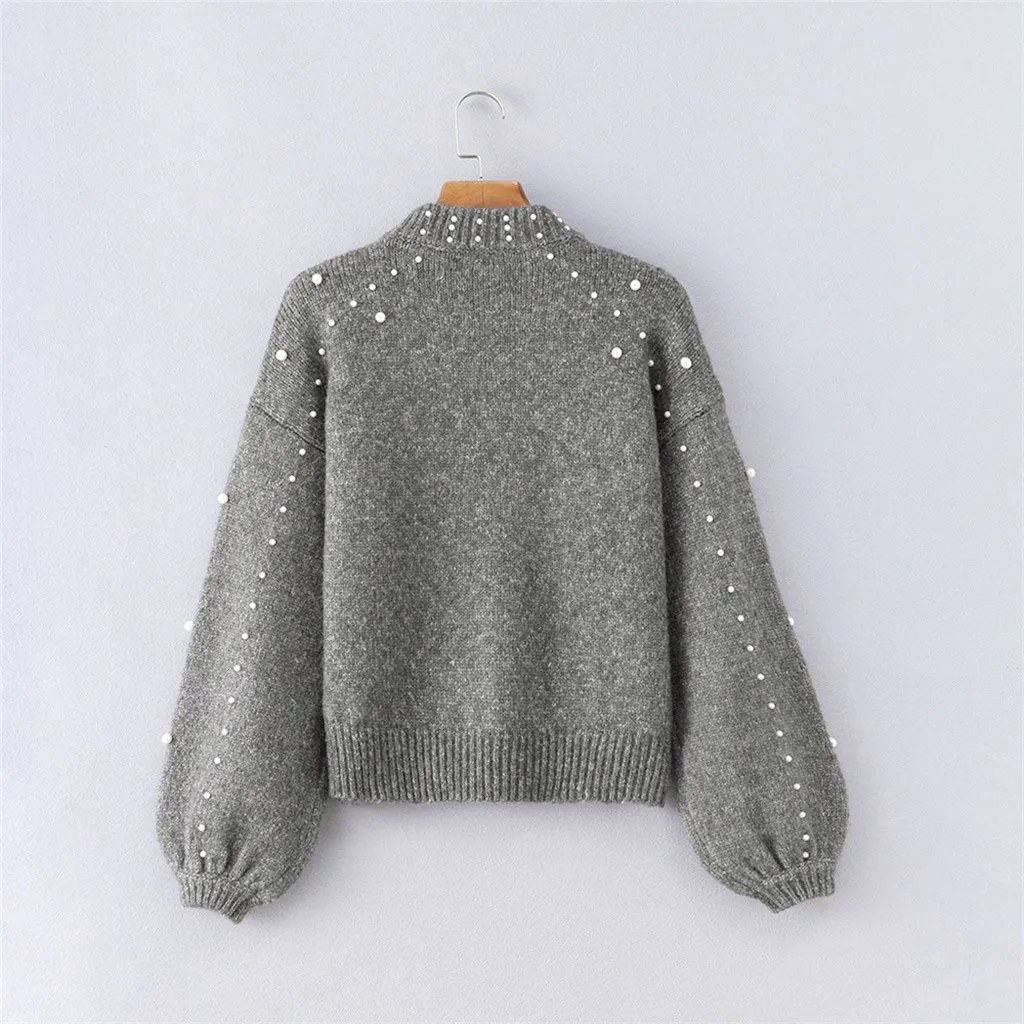 O Neck Solid Color Knitted Sweater Autumn Winter Faux Pearl Decor Lantern Sleeve Short Sweater Ladies Pullover Knitwear Clothing