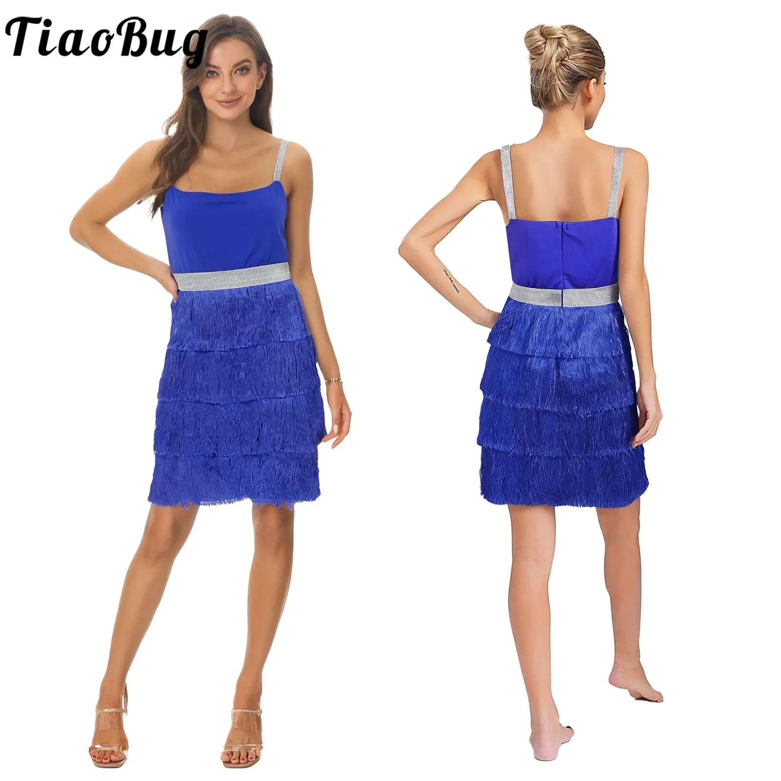 

Women Shiny Tassel Latin Ballroom Dress for Cocktails Club Party Patchwork Sling Bodycon Dress High Waist A-line Chacha Dress
