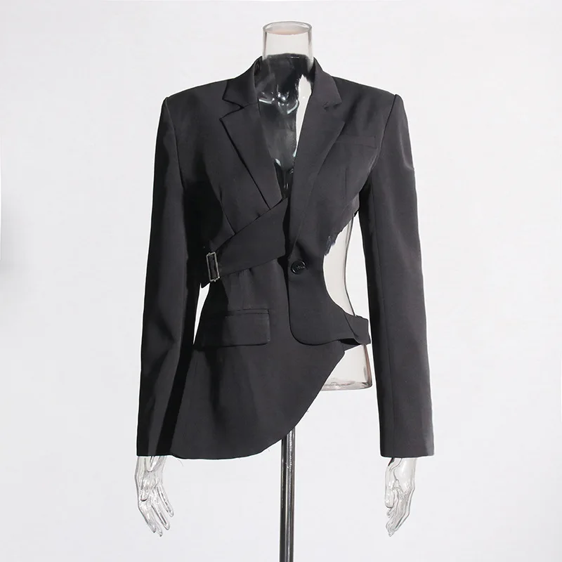 ملابس نسائية لعام 2025 بدلة صغيرة غير منتظمة نمط جديد نمط شخصي كم طويل مجوف سترة بدلة راقية للنساء