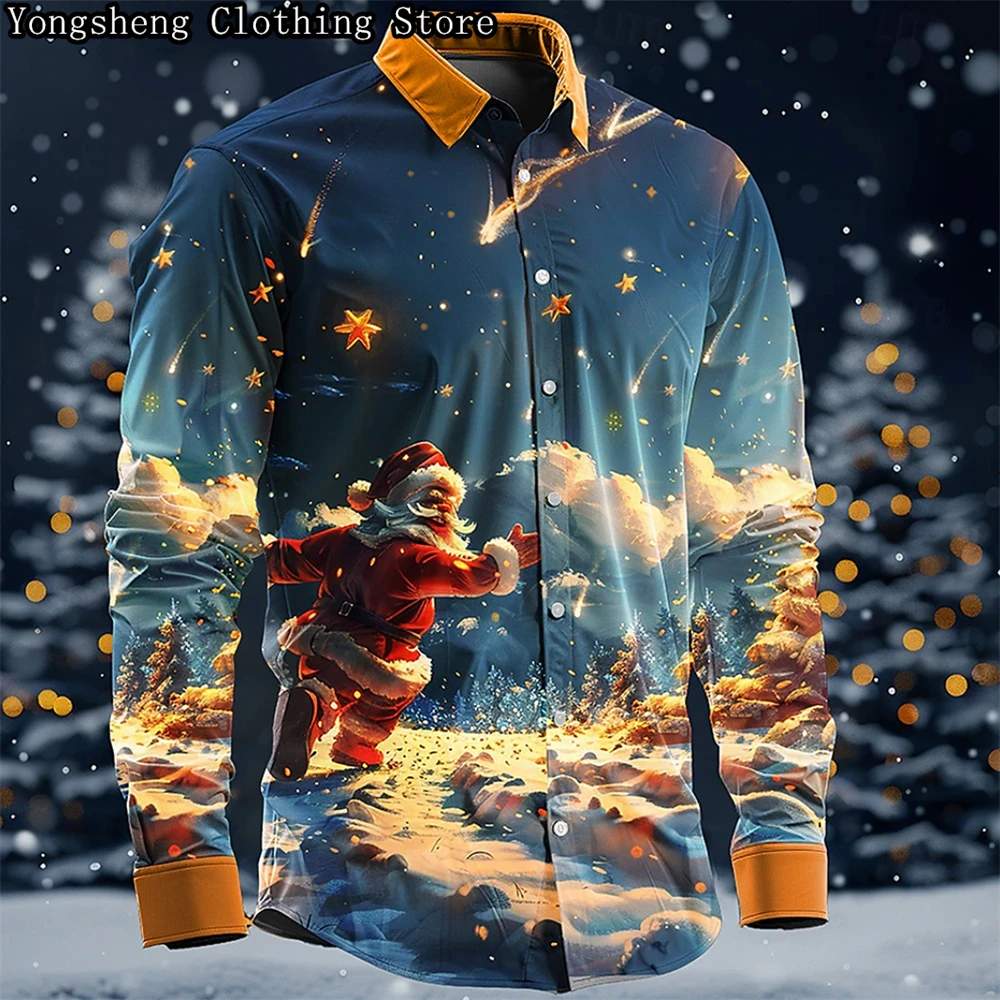 Men's Long Sleeve Shirt Printed Shirt Christmas New Men's Casual Fashion New Year's Fun Oversized Non-Iron Men's Clothing