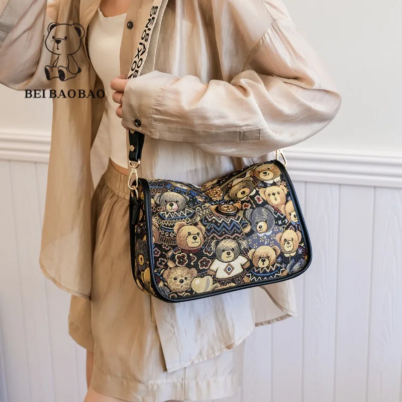 Beibaobao Little Bear One Shoulder Crossbody Bag Female Small Square Bag Vintage Fashion Casual Canvas Bags for Women Trend 2024