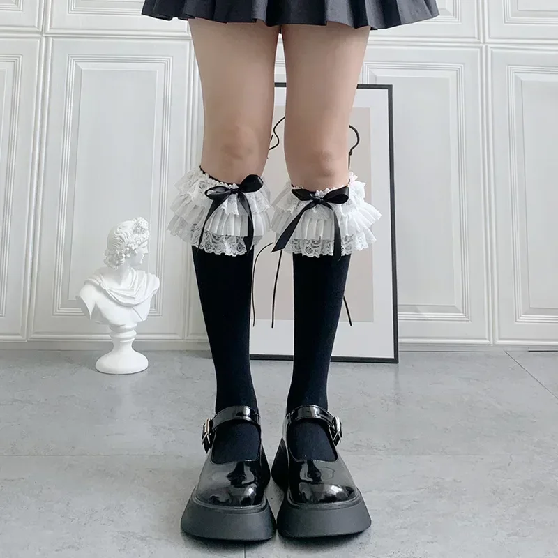 

Kawaii Lolita Lace Calf Stockings Multi Layer Bow Cotton JK Japanese Long Stockings Vintage Gothic Palace Cosplay Accessories JK