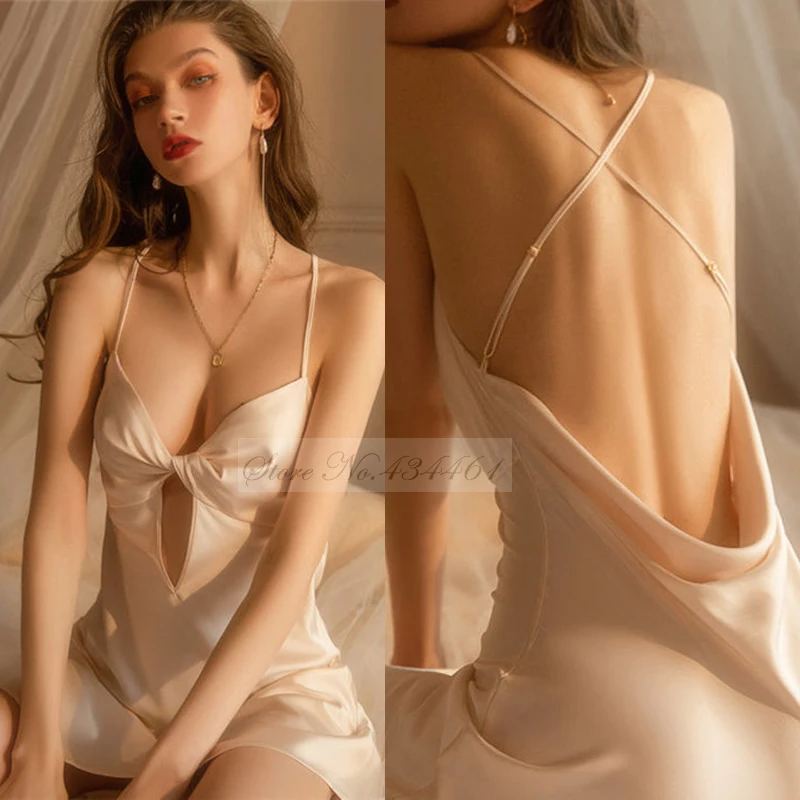 Female Nightdress Sexy Backless Spaghetti Strap Nightgown Sleepwear Spring Summer Nightwear Loose Silk Satin Home Dress Lingerie