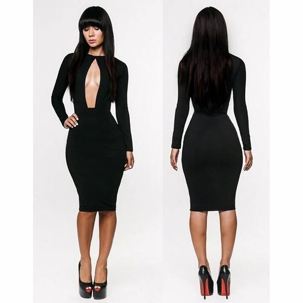 Bodycon Dress Women Fashion Sexy Summer Party Dress Long Sleeve Hollow Out Solid Skinny Knee-Length Dress