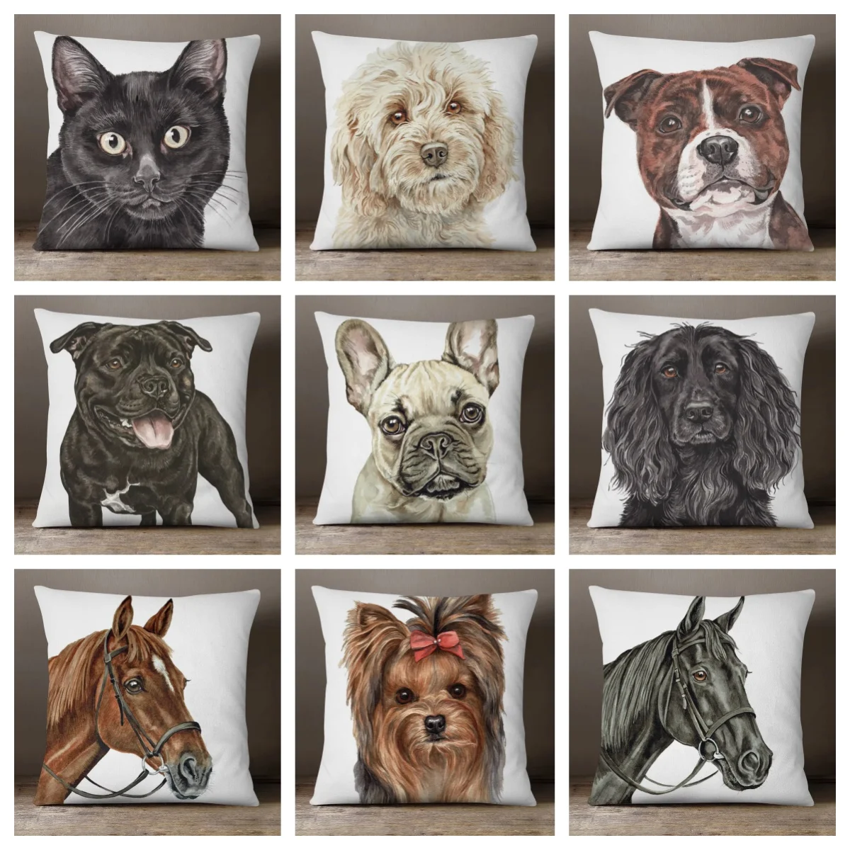 1pc Realistic Pet & Animal Portrait Pillow Cover, Polyester 2D Double-Sided Print, Watercolor Dog Cat Horse Art, Animal Lover Ho