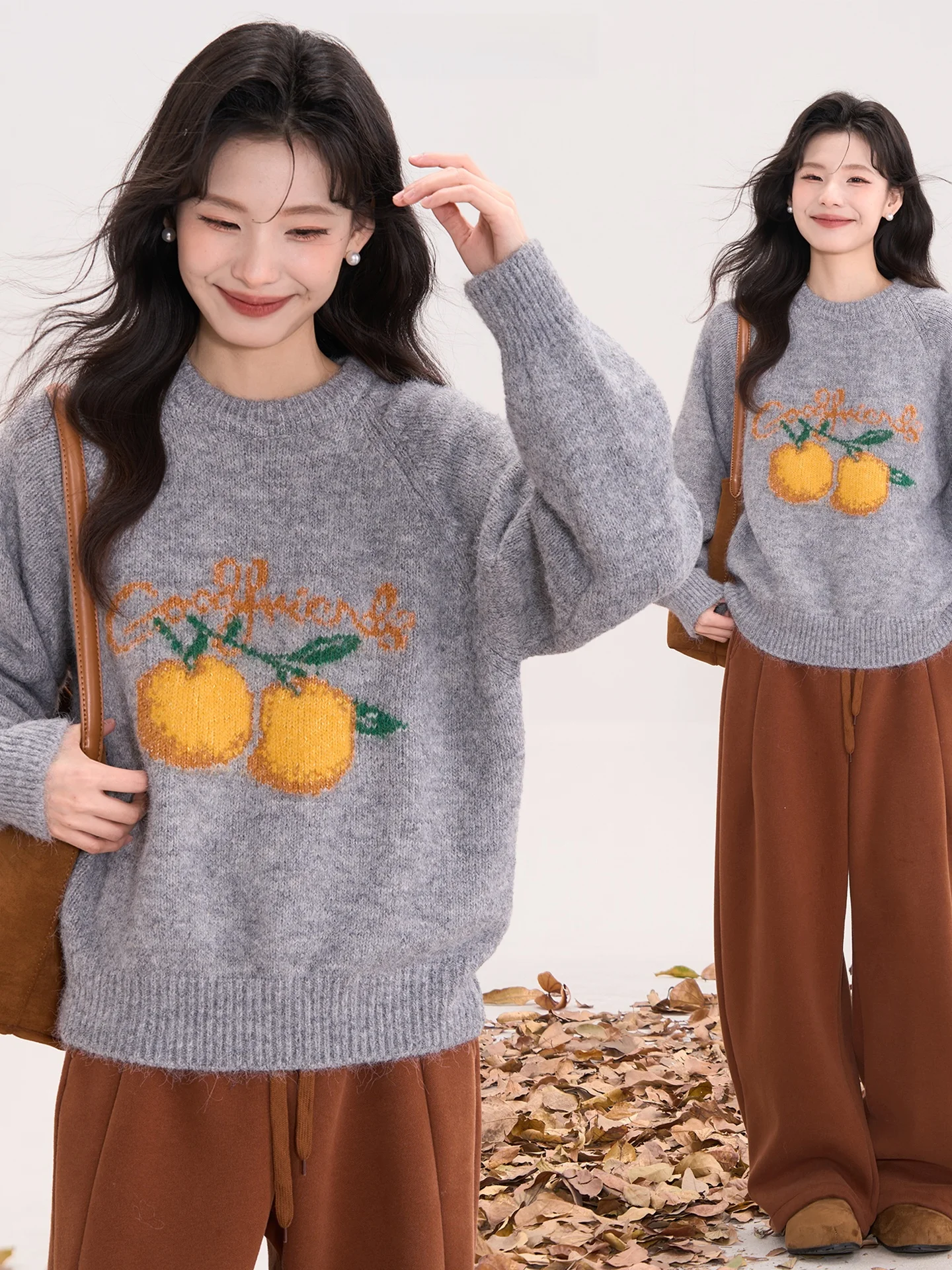 

Женский вязаный шерстяной свитер Heme 2: свободный крой, длинный рукав, круглый вырез, осенне-зимний, теплый, с фруктовым узором, милый дизайн, китайский бренд