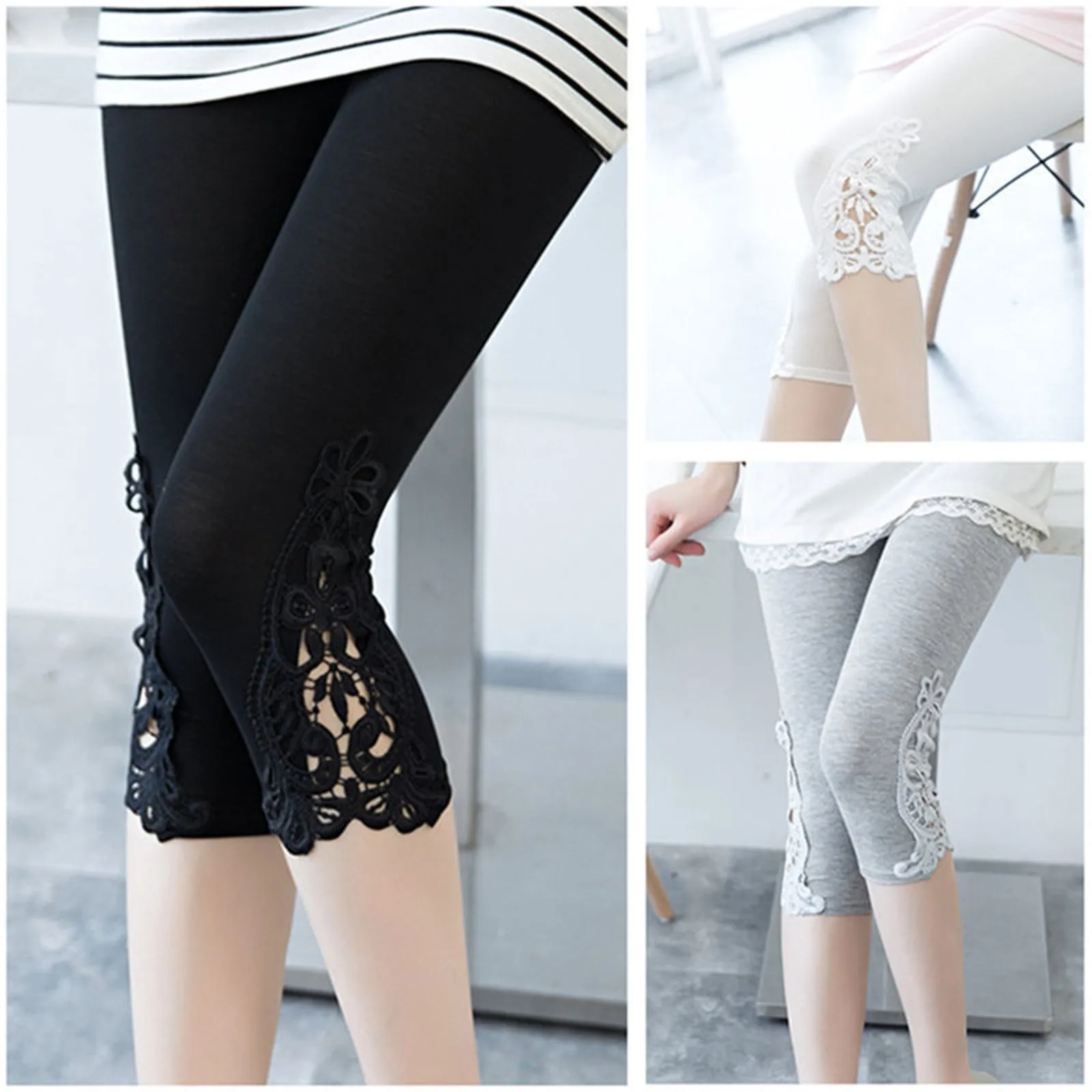 Female Slim Fitting Lace Outer Bottoming Seventh Trousers Casual Comfortable Breathable Black White Gray Summer Versatile Pants