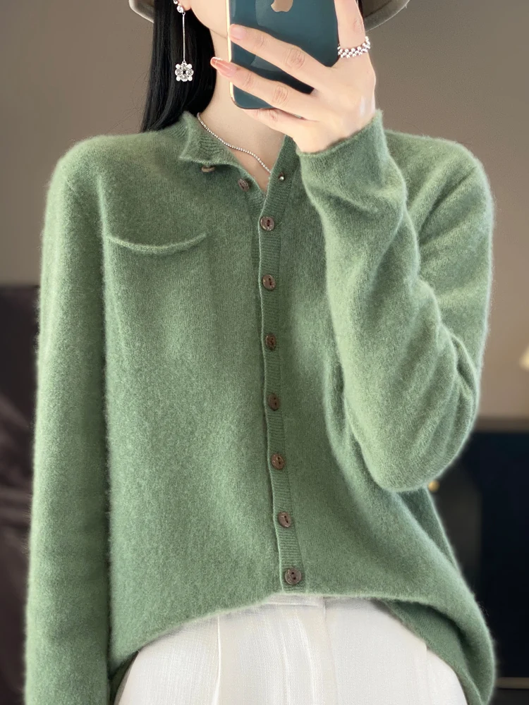 New Fashion Women Cashmere Sweater 100% Pure Merino Wool Cardigan Ruffled-Collar Spring Autumn Female Clothing Knitwear Tops