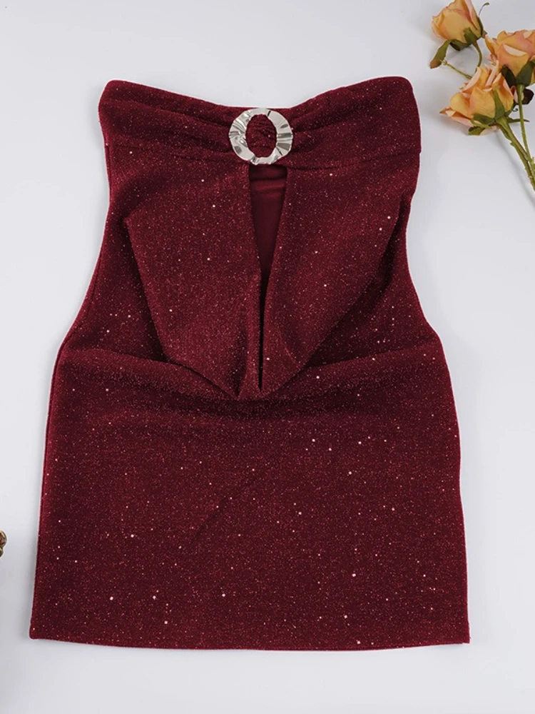 SsTss Vestido feminino sem alças, sólido, sexy, círculo de metal, fivela, corte frontal, sem mangas, slim, bodycon, mini vestido tubo para festa, clube