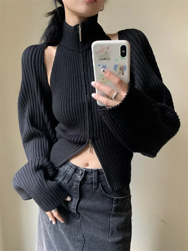 2024 Autumn Two Pieces Set Vintage Zipper Cardigan Women Y2k Aesthetic CropSweater+Jackets Female Harajuku Knitted Solid Cloak