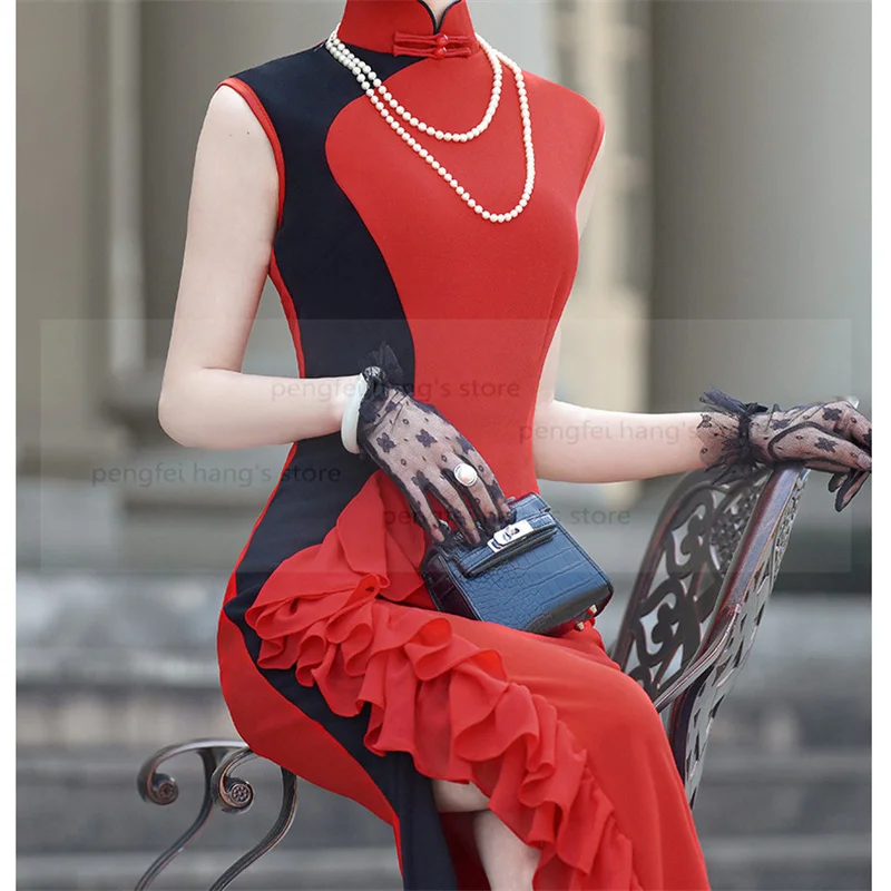 

Сексуальное Ципао с разрезом и оборками, винтажный воротник-стойка, Chesongam, сексуальное новое платье в китайском стиле, женское модное сценическое шоу, костюм большого размера