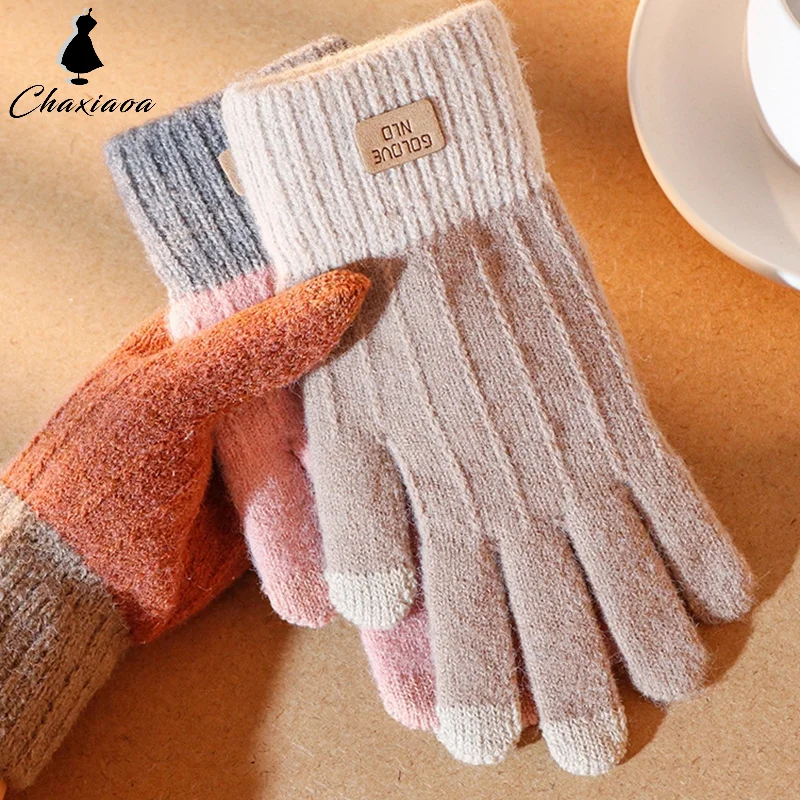 Full Finger Color Block Gloves for Women Men, Warm Winter Touch Screen Gloves Stretch Knit Mittens Guantes Female Crochet Gloves