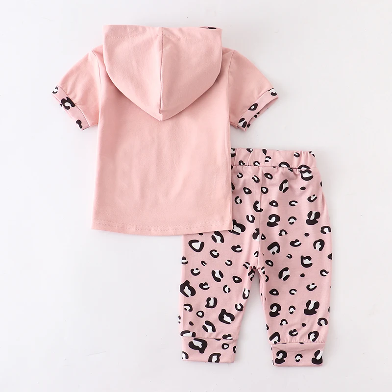 2pcs Fashion Casual Baby Girls Clothes Sets Summer Pink Short Sleeve Hooded Tops+Pink Leopard Cropped Pants Little Princess Suit