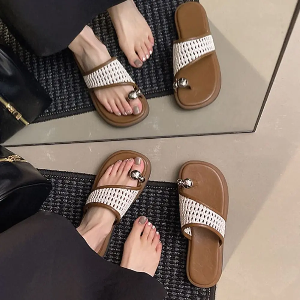 Simple PVC Flat Flip Flops Soft Sole Beach Wear Shoes Beach Hollow Slippers Non-slip Toe Slippers Women Female