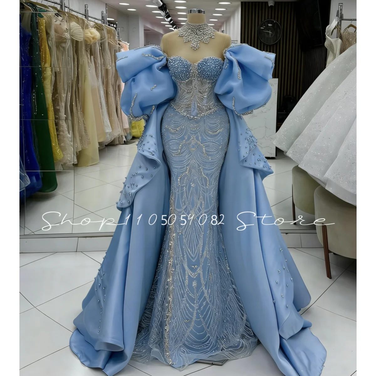 

Luxurious Handcrafted Evening Gown Off-the-Shoulder Arabic Blue Ruffles Crystal Detachable Train Mermaid Prom Dresses Customized