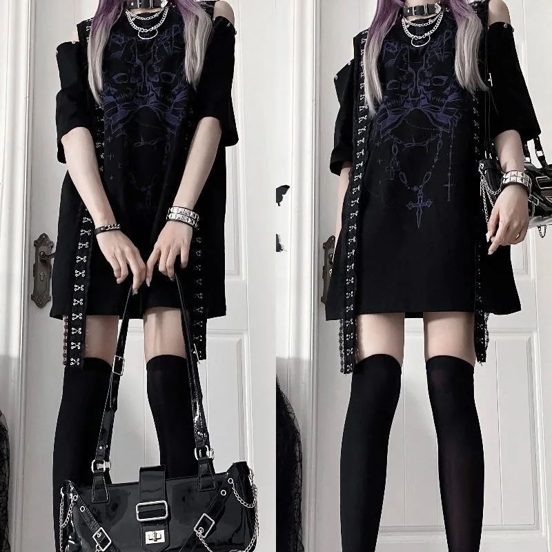 Darkly سلسلة فاسق طباعة ثقافة فرعية القوطية قصيرة الأكمام قبالة الكتف تي شيرت تصميم تحسس فضفاض الحلو والتوابل القمم الصيف