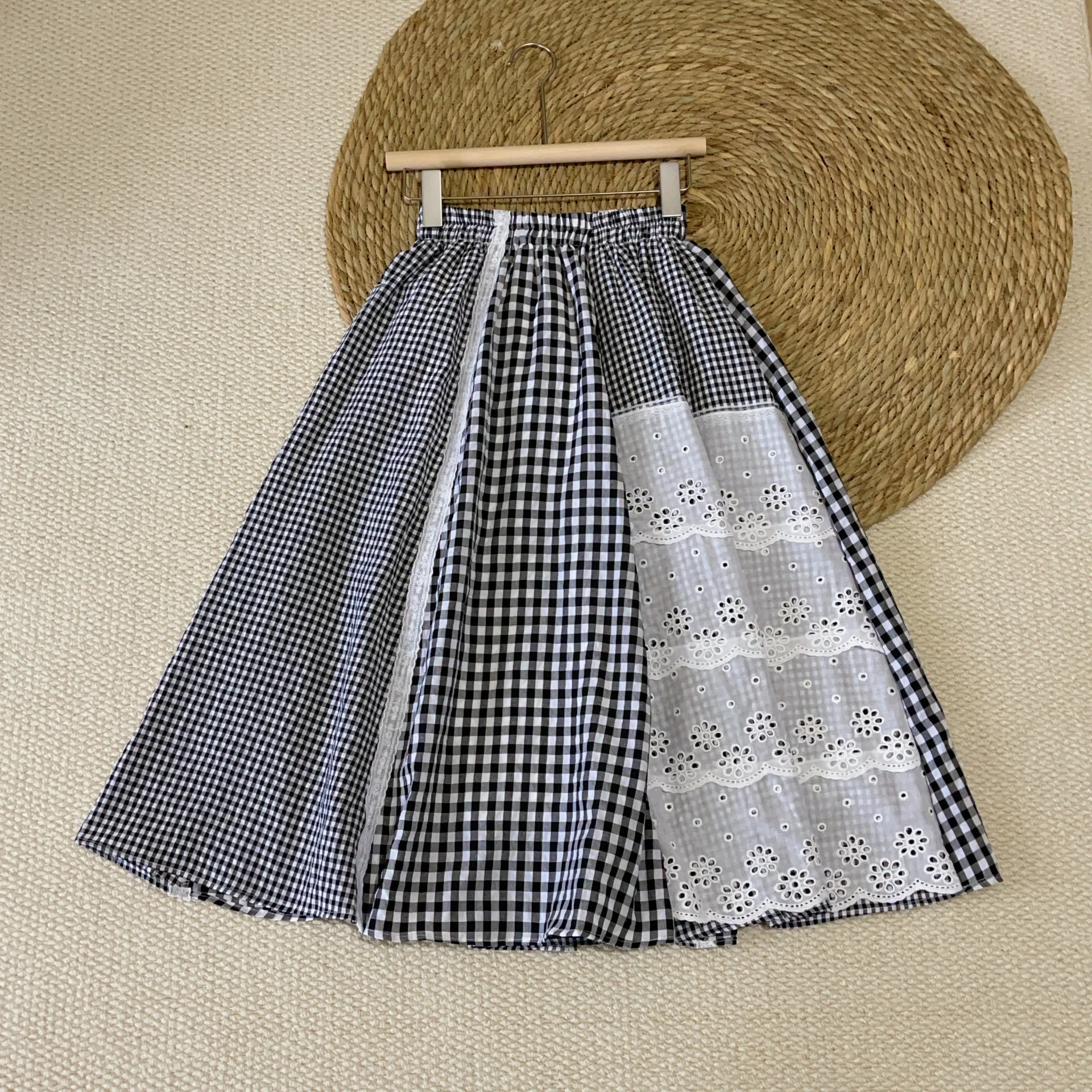

clothing Japanese style cotton black plaid lace patchwork long skirts for women check a-line skirts