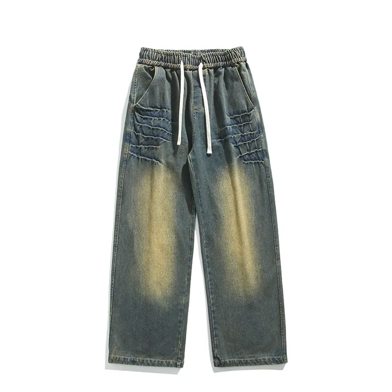 Lightning Design Jeans American Vintage Men's Denim Pants Tide Design Loose Elastic Waist Straight Pants