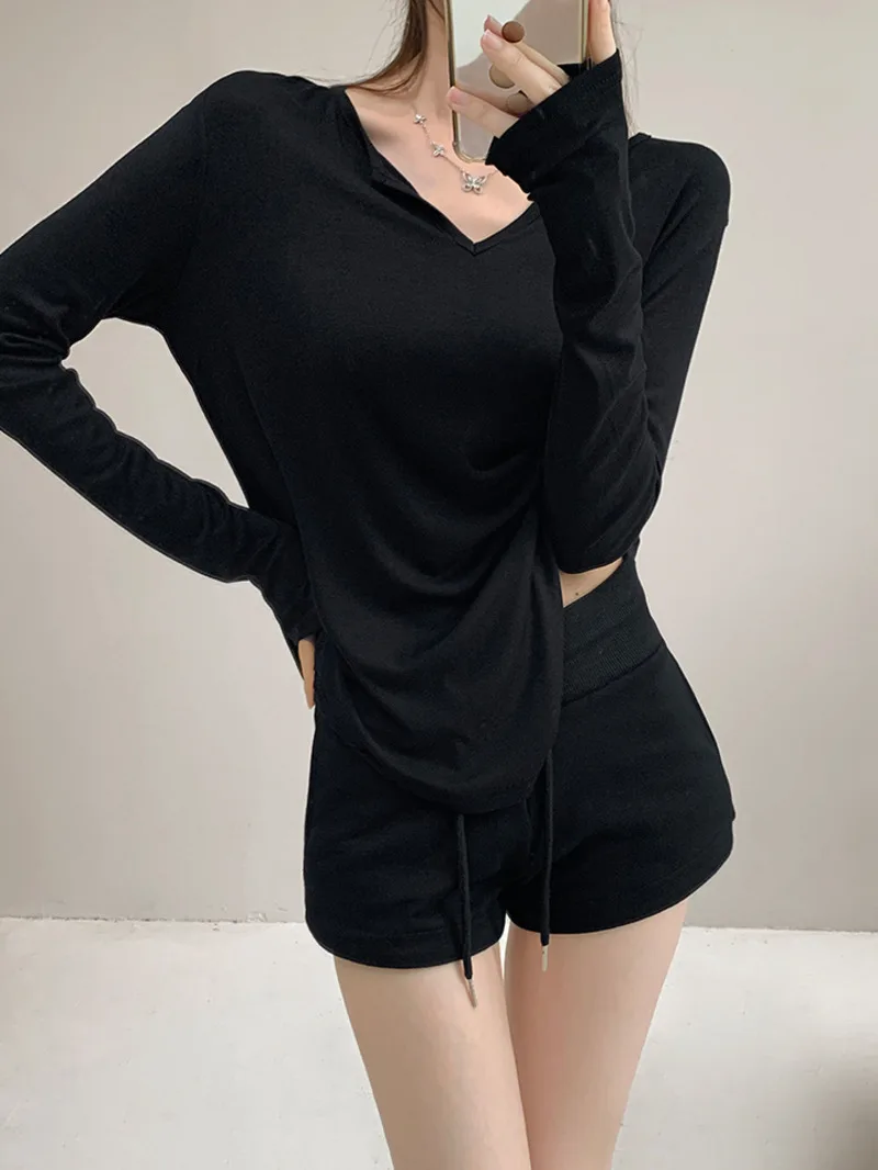 تي شيرت نسائي فضفاض بأكمام طويلة ، ترفيهي متعدد الاستخدامات ، قمة متوسطة الطول ، رقبة حرف V رفيعة ، ترفيه ، طراز سبات جلدي جديد ، الربيع ، الصيف ، F126 #5