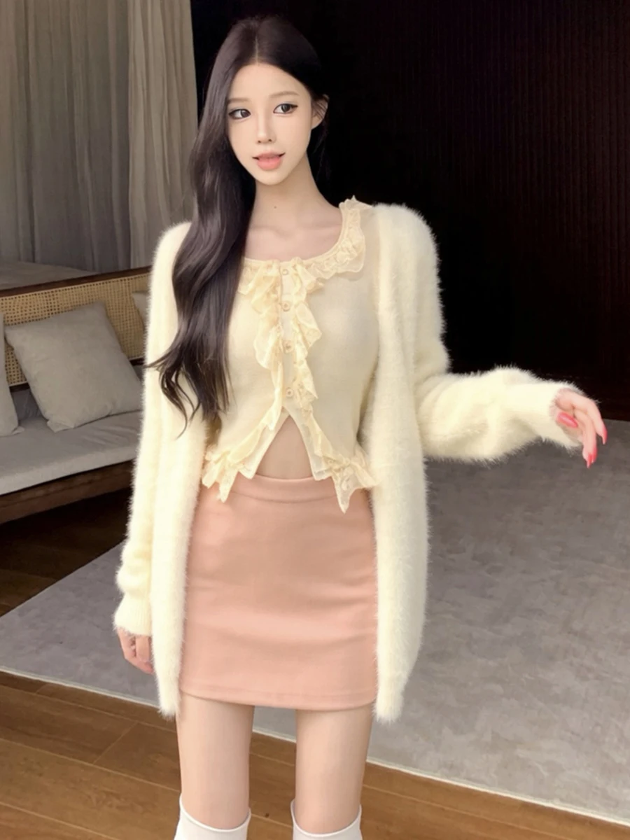 Lace Knitted Vest Cardigan Sweater Half-length Skirt Set Pure Color Casual Style Slimming Effect Wooden  Trim Sexy Design