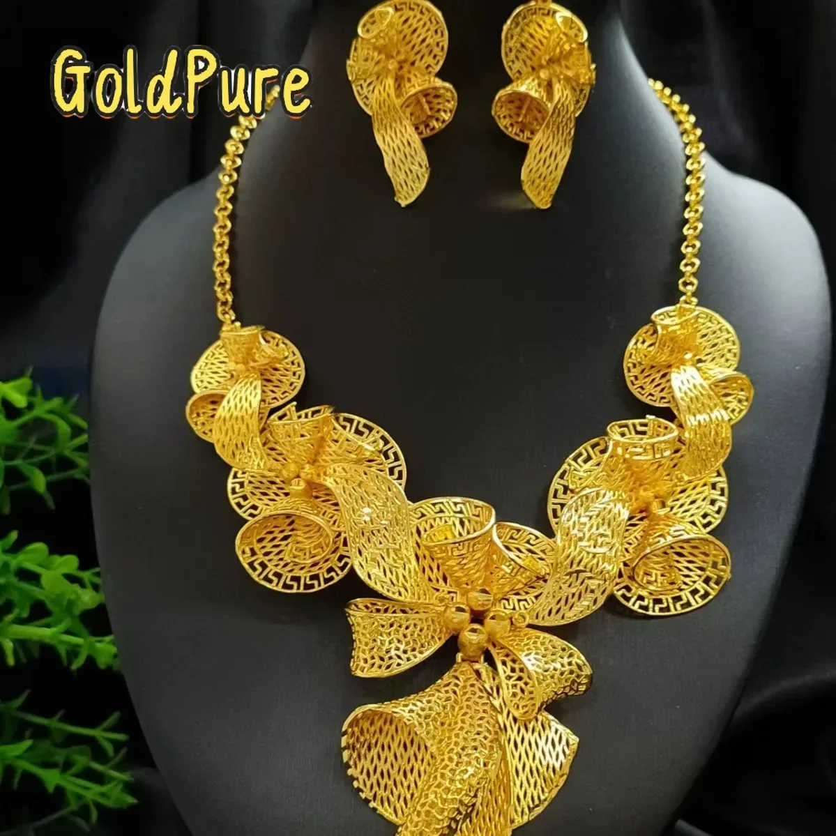 

Комплект украшений Goldpure: колье и серьги из настоящего золота 9999 пробы (24K) с цветами, подарок для невесты из Дубая/Саудовской Аравии на свадьбу