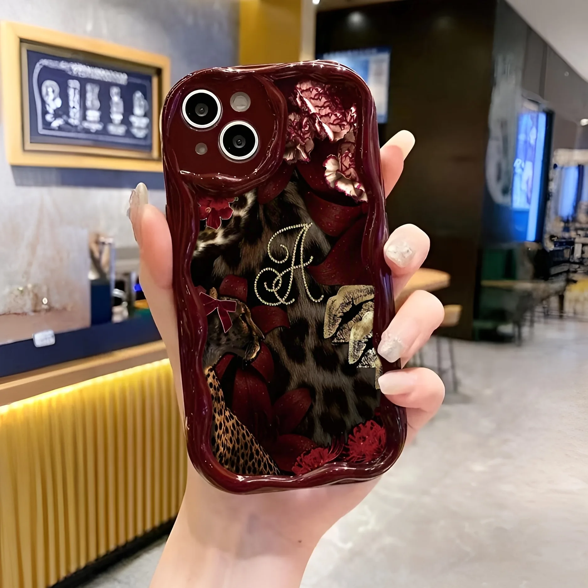 Retro Burgundy Leopard Rose Pattern Wavy Frame Phone Case For iPhone 17 16 15 14 13 12 11 Pro Max Plus Air Shockproof Soft Cover - view 6