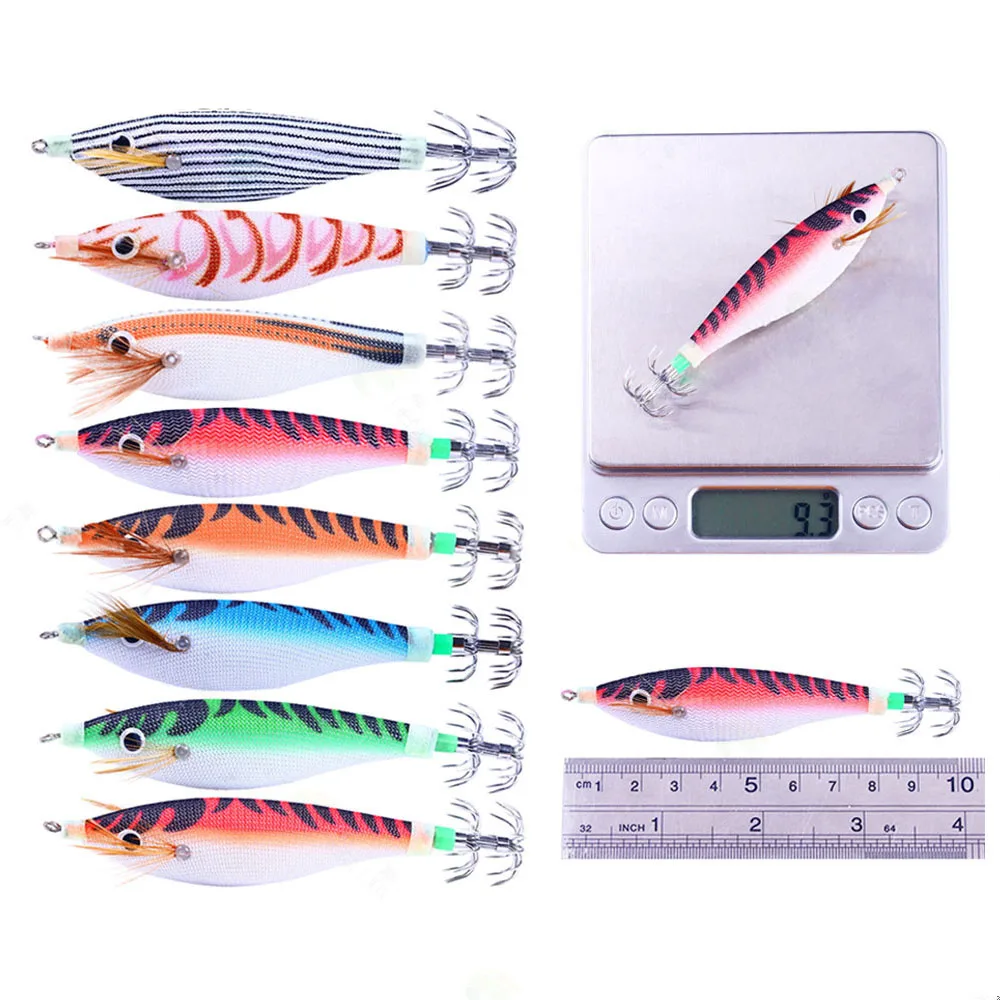10CM 9.6G round belly wooden shrimp 8 color squid hook wooden shrimp fishing bait