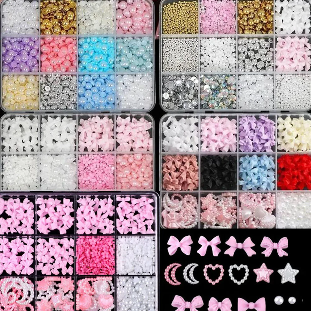 

12Grid Pink White Ribbon Bow Nail Charms 3D Resin Flower Bowknot Star Flatback Rhinestones DIY Pearl Beads Manicure Decoration