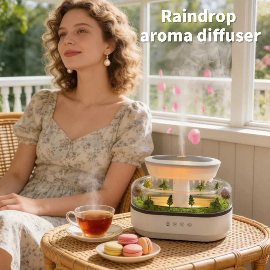 Humidificador ultrasónico de aroma con ruido blanco, difusor de aceites esenciales con luz de colores, humidificador de aire con efecto de gotas de lluvia para el hogar.