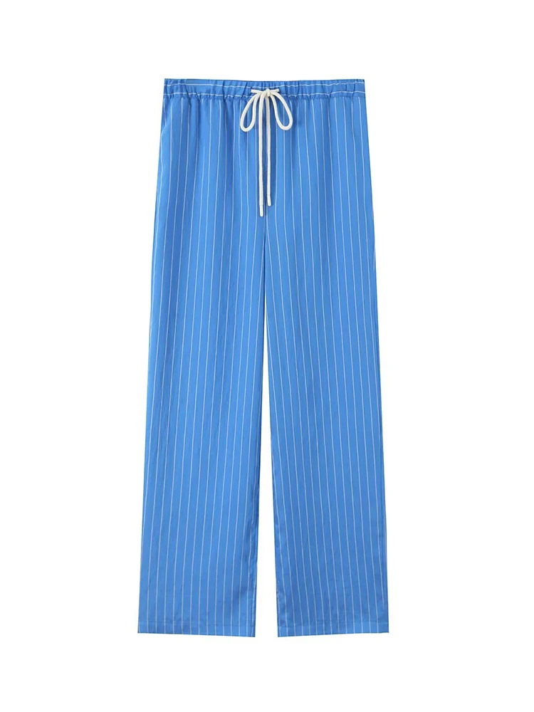 TFMLN Frauen Mode Streifen Hose Set Frühling Sommer Casual Tasche Langarm Bluse Top Gerade Spitze Up Hosen Blau Chic Anzug