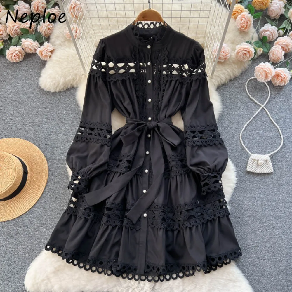 Neploe New Moda Women Stand Collar Puff Sleeve Robe Hollow Out Lace Lace Up Court Mujer Patchwork French Style Elegant Dresses