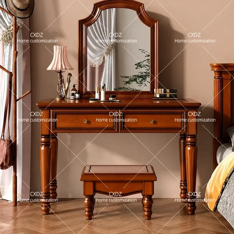 American Retro Solid Wood Dresser Walnut Makeup Table with Stool 1m Bedroom Vanity Set for Small Apartment Storage Furniture