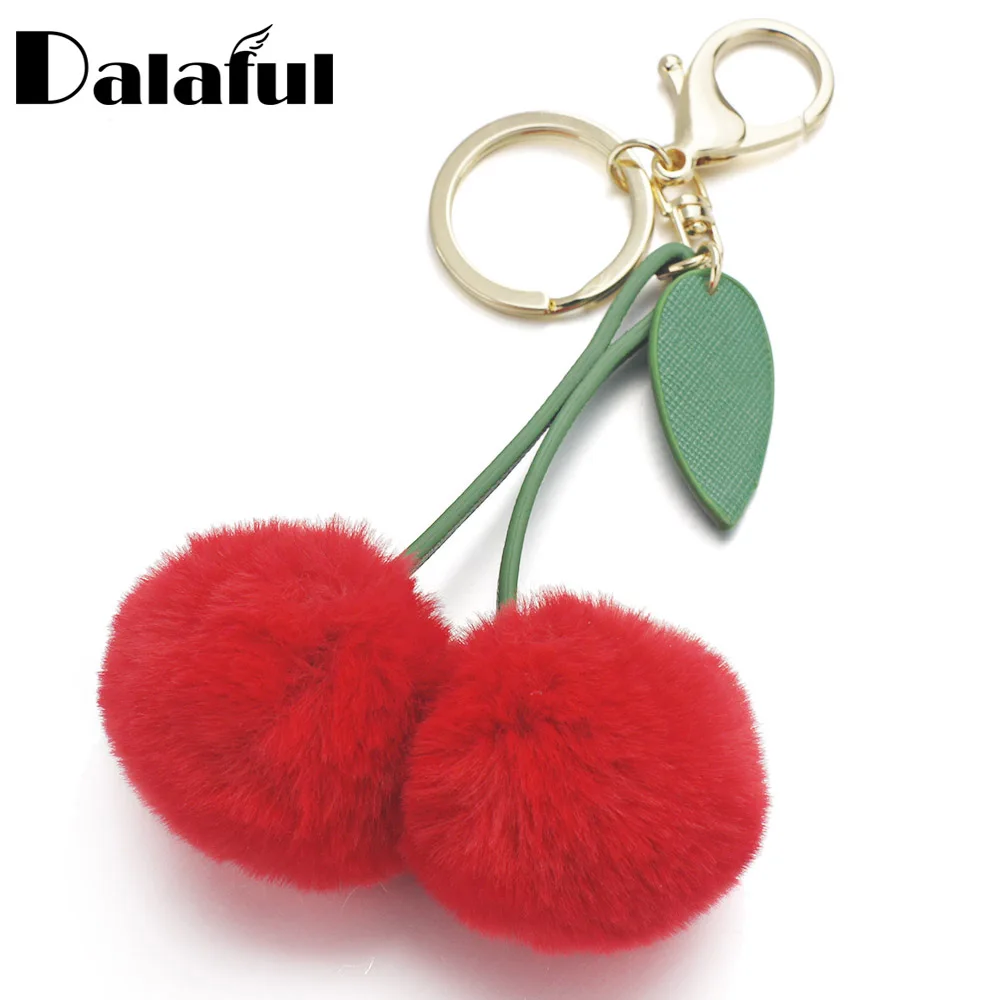 Dalaful Cute Cherry Artificial Rabbit Fur Ball Keychain Keyring Pompom Leaf Handbag Pendant Car Key Chain Ring Holder K347