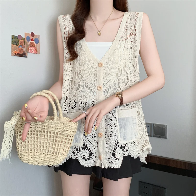 

Summer New Sleeveless Knitted Lace Shirt Fashion Sexy Thin Crochet Hollow Camisole Vest Loose Women's Tank Tops