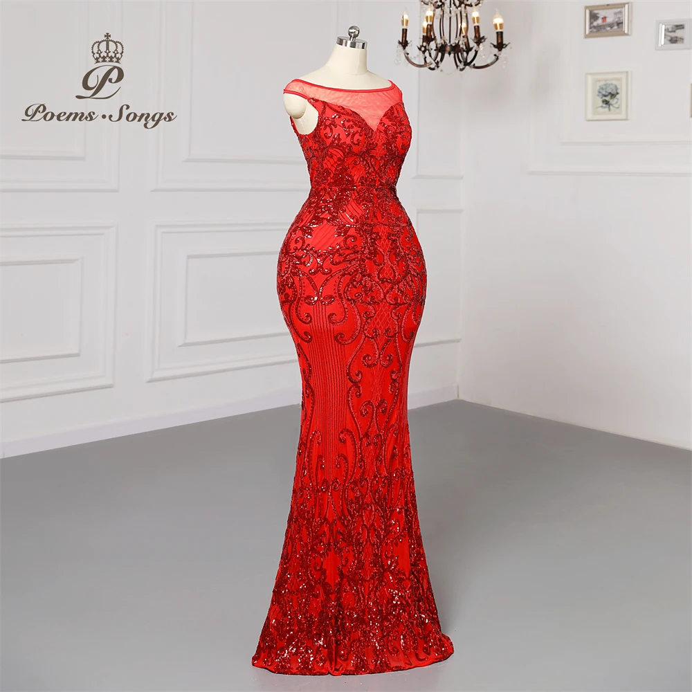 Plus size Sexy transparent yarn neck Red sequins Evening dresses prom dress evening gowns robe de soirée de mariage Maxi dress