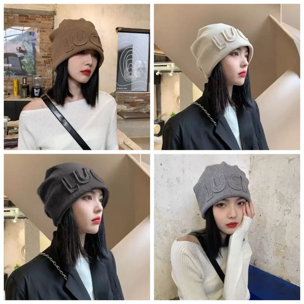 Polyester Fiber Women Beanie Hat Letter Embroidery Soft Knit Fabric Letter Knit Beanie Korean Japanese Style Pull On Hat