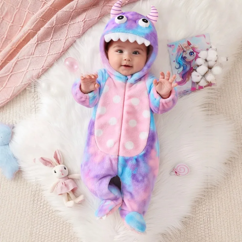 Baby Tie Dye Monster Hooded Romper Footed Jumpsuit  Striped Horns Teeth and Polka Dots Cute Winter Playsuit for Newborn 0 24M