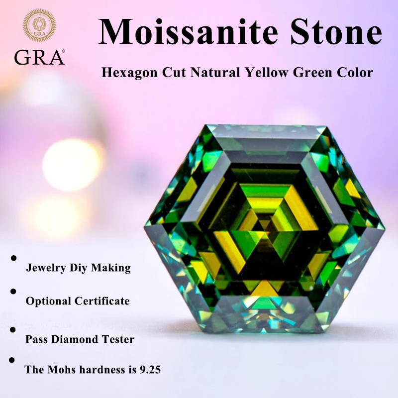 

Moissanite Stone Hexagon Cut Natural Yellow Green Color DIY Advanced Charms Jewelry Rings Earrings Making with Certificate