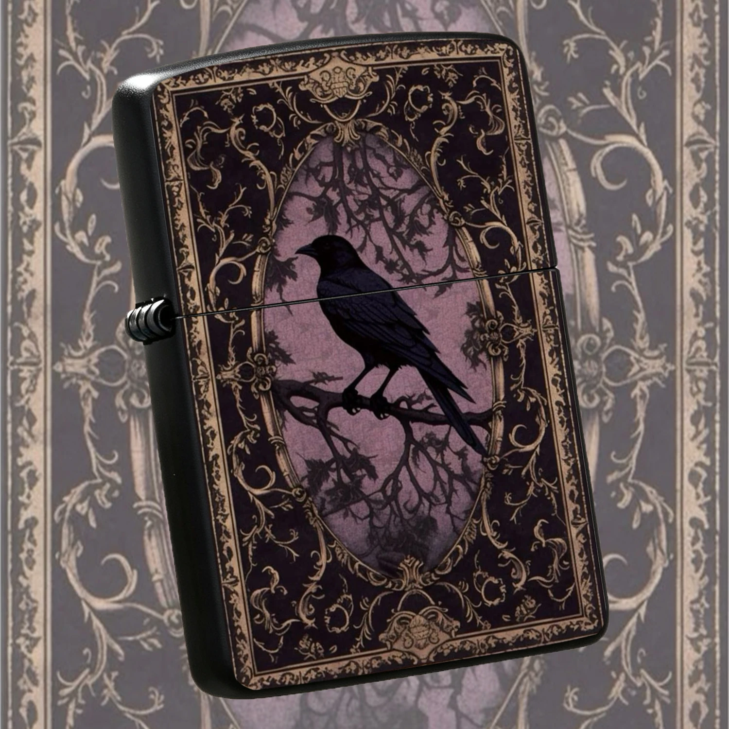 Vintage Gothic Raven Pattern , Antique Gold Ornate Frame Dark Swirl Design, Windproof Durable , Dark Aesthetics Collectible, Unique Portable Ignition Tool, Ideal Gift For Eerie Style Enthusiasts Daily Use A Fun And Humorous Lighter